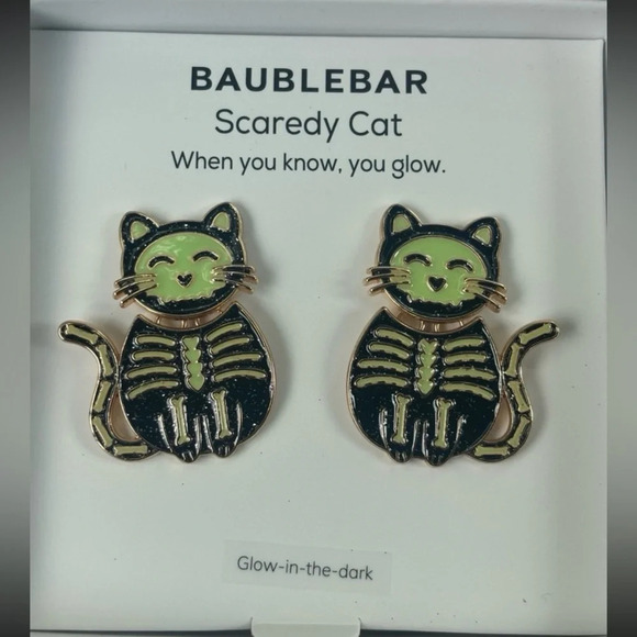 BAUBLEBAR Halloween Cat Dangle/Drop Earrings with Glow in the Dark Skeleton NWT - Picture 1 of 2